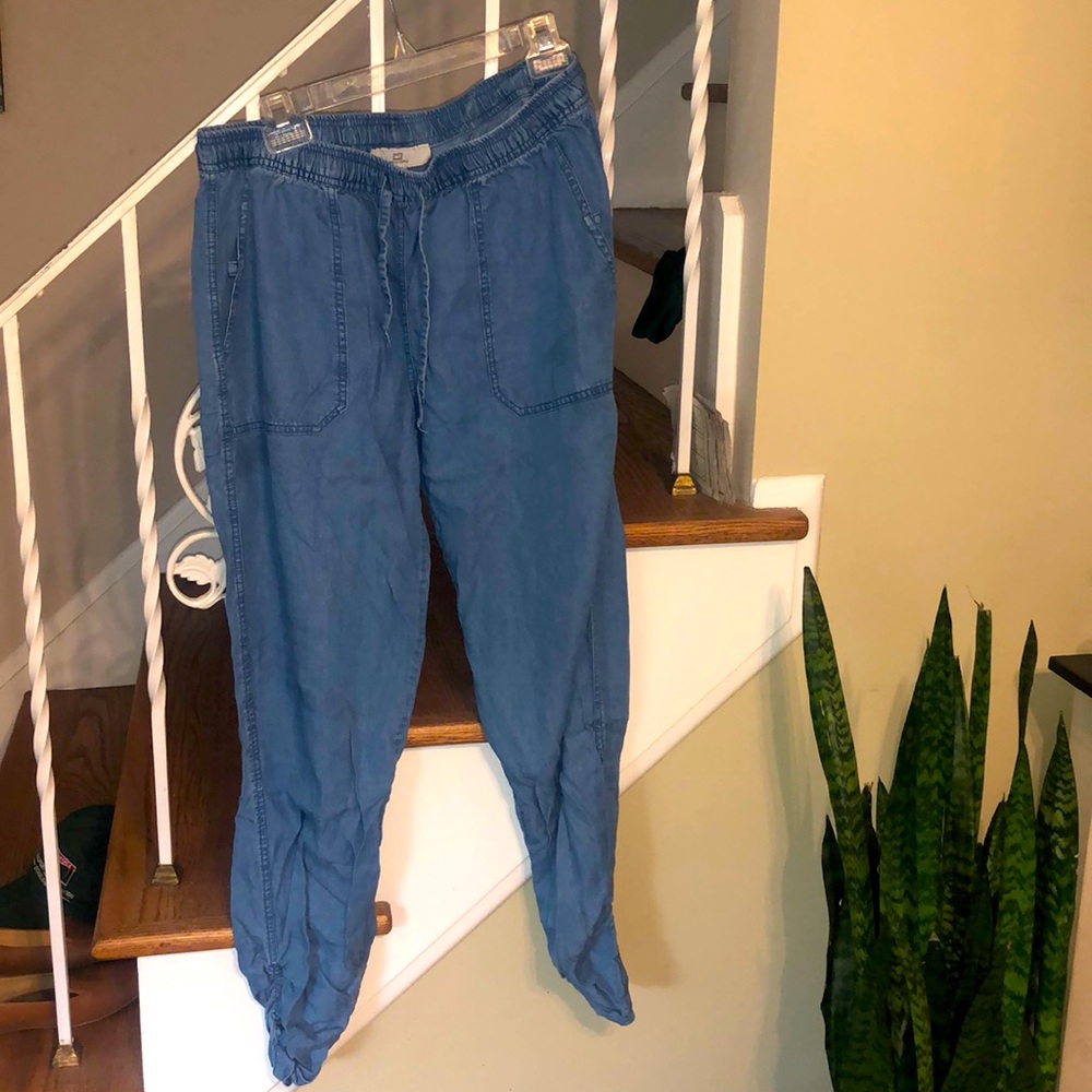Denim joggers- soft very light material. Denim colored. Lightly worn.